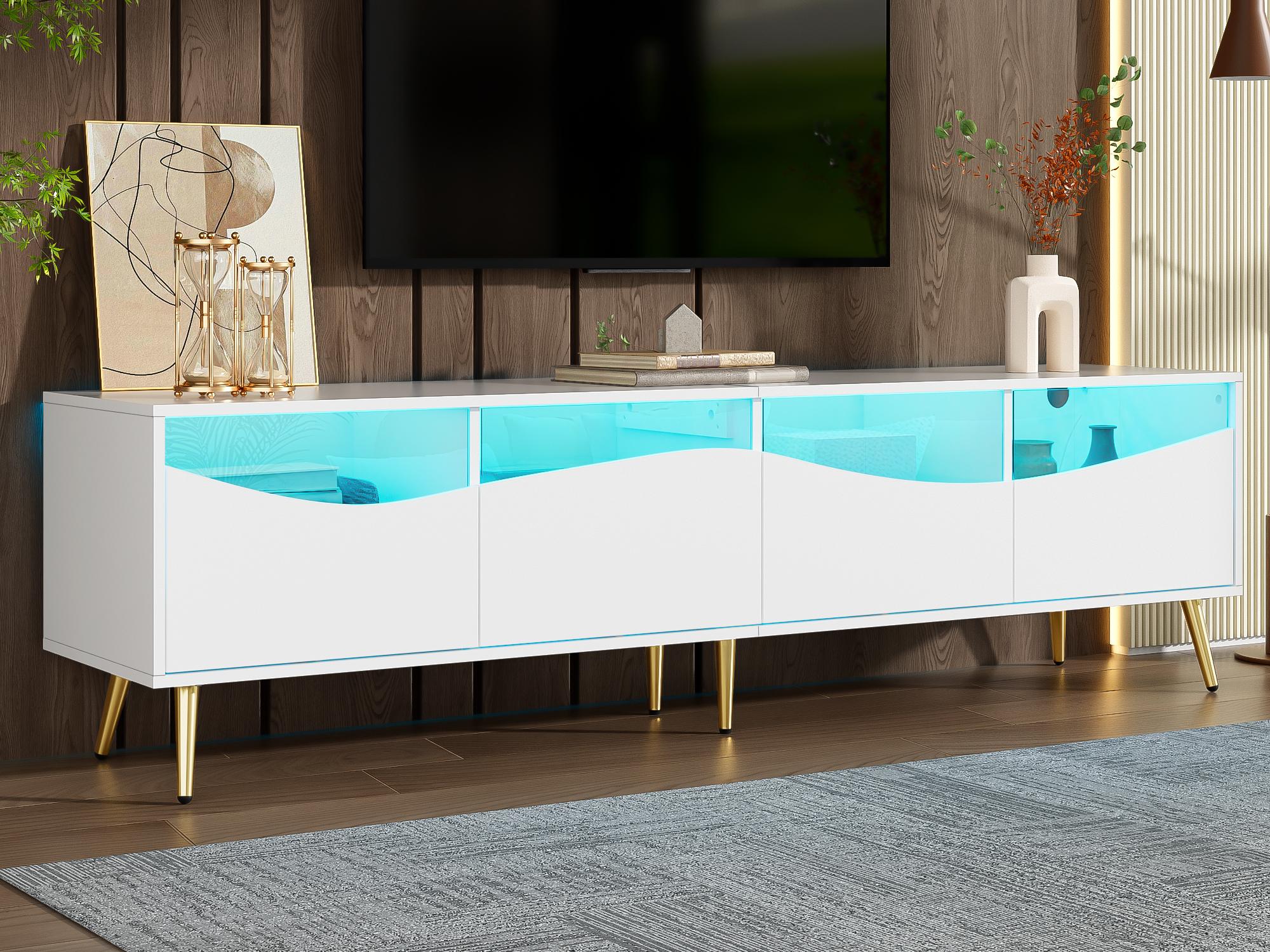 Nowoczesna szafka RTV 180x40x50 cm - 4 szuflady - z oświetleniem LED - Nogi metalowe - Szklany front - Kolor biały