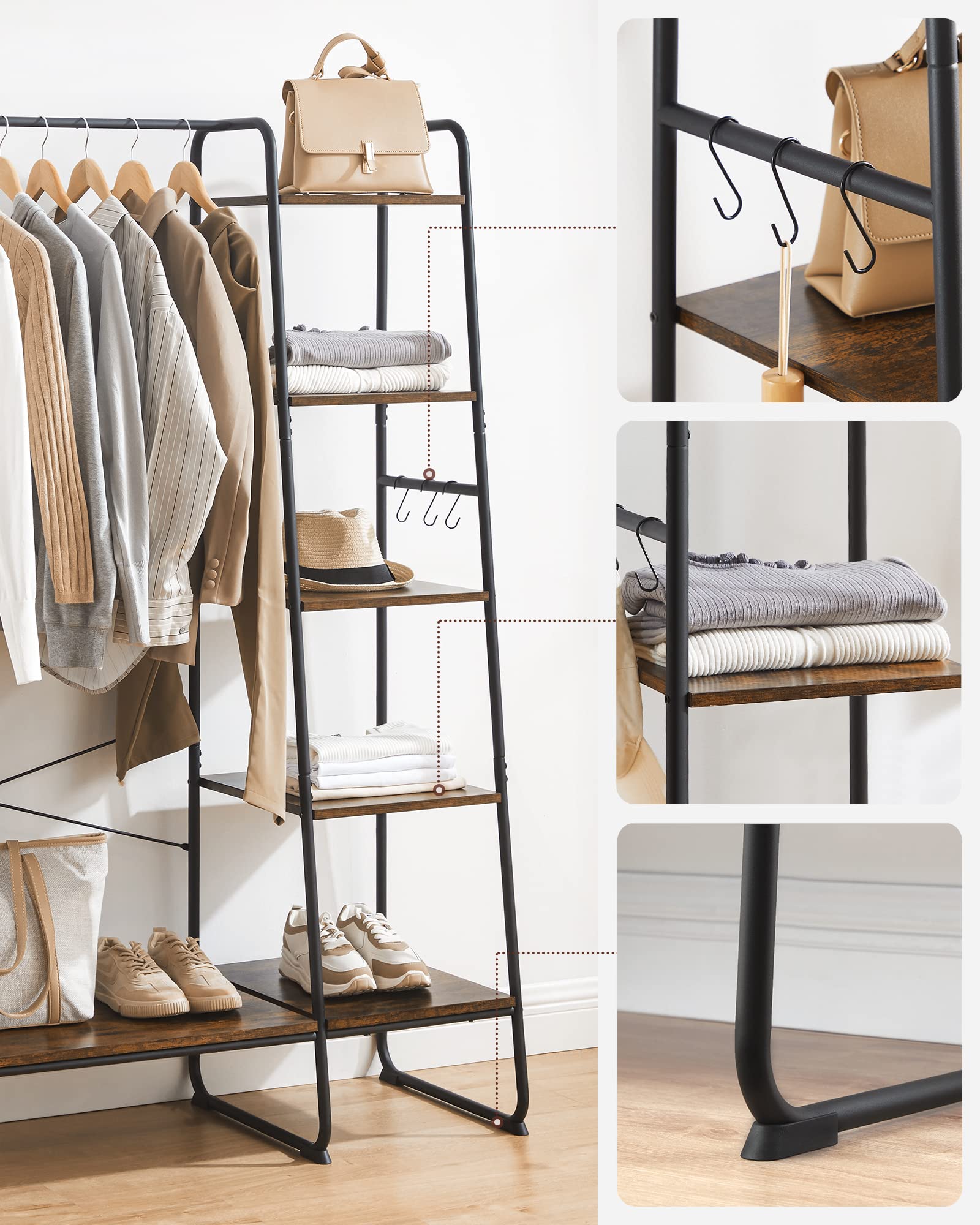 Porte-manteau sur Pieds, Meuble Chaussure Entrée, Vestiaire, avec 5 Étagèress de Rangement, 6 Crochets, pour Chambre, Salon, Marron Rustique et Noir - 7
