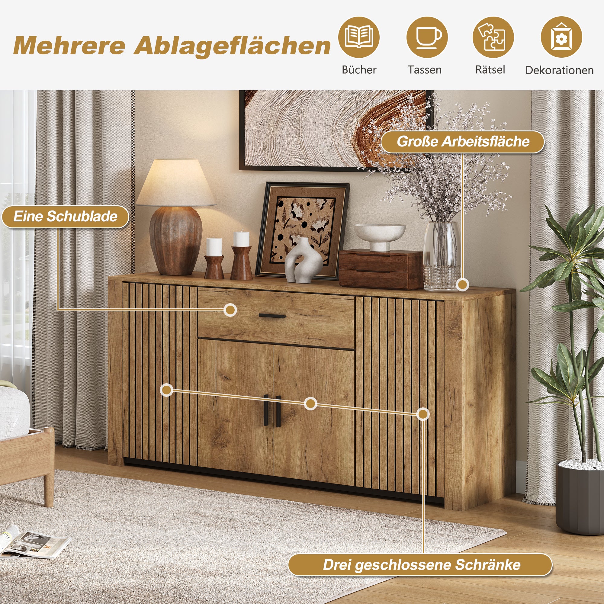 Buffet 160x40x75 cm - 4 portes et 1 tiroir - Étagères réglables - Finition bois - Panneaux de particules - Naturel - 8