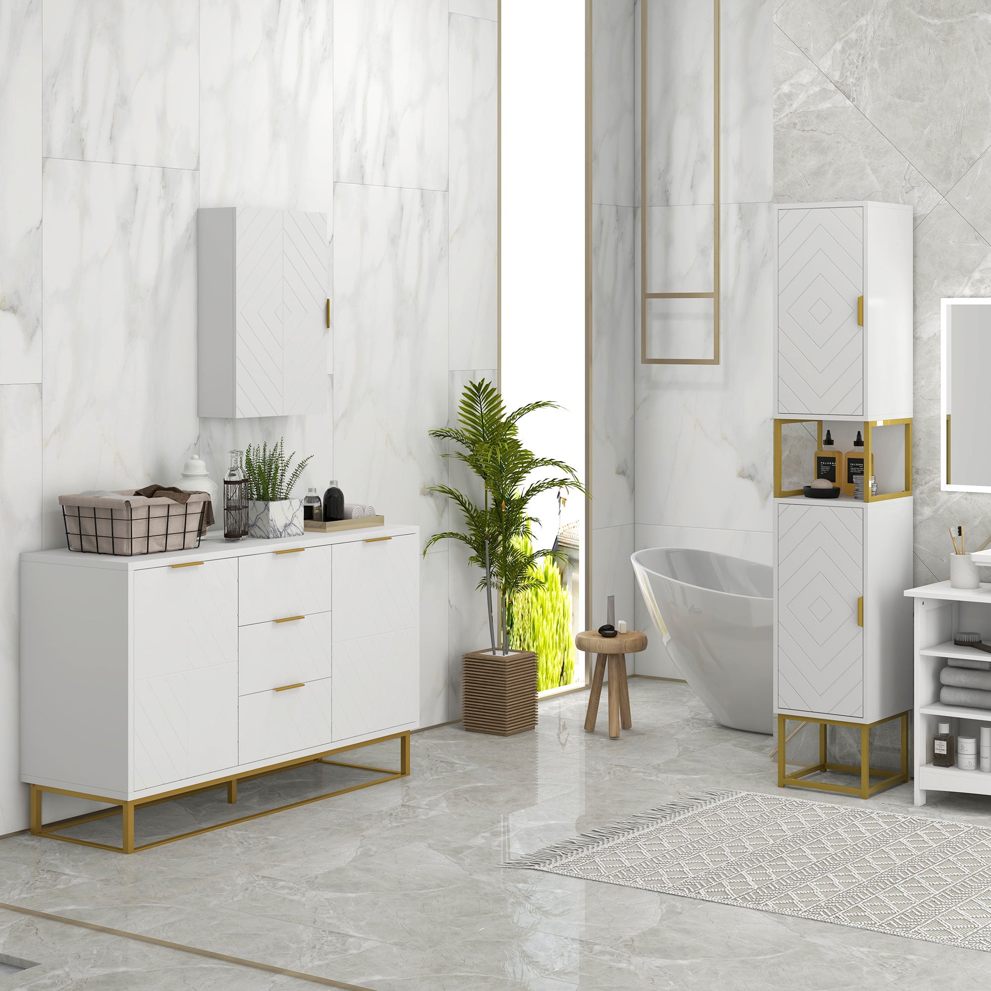 Meuble Colonne Salle De Bain Blanc Laqué - 2 Placards, étagères Réglables - 35x25x120 Cm