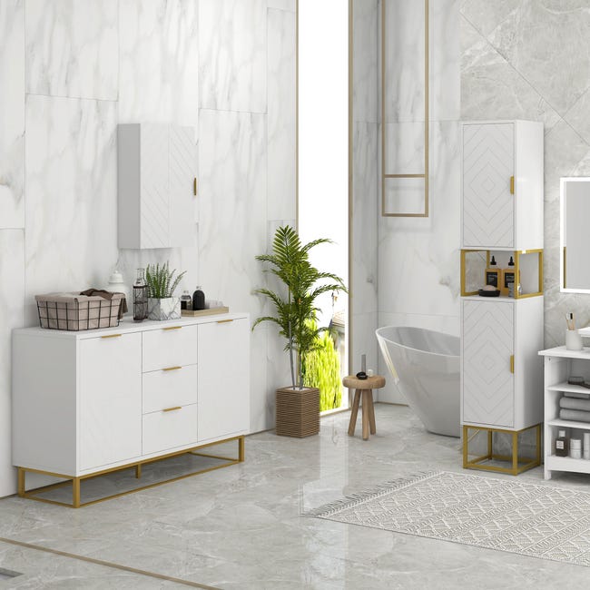 Meuble Colonne Salle De Bain Blanc Laqué - 2 Placards, étagères Réglables - 35x25x120 Cm