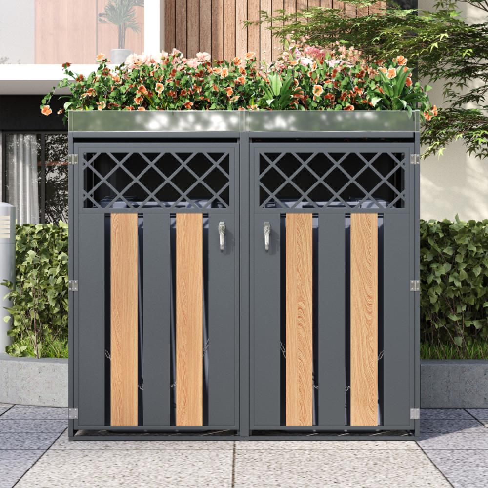 Contenedor con techo vegetal – para 2 cubos (120-240l), armario y cubierta para basura.