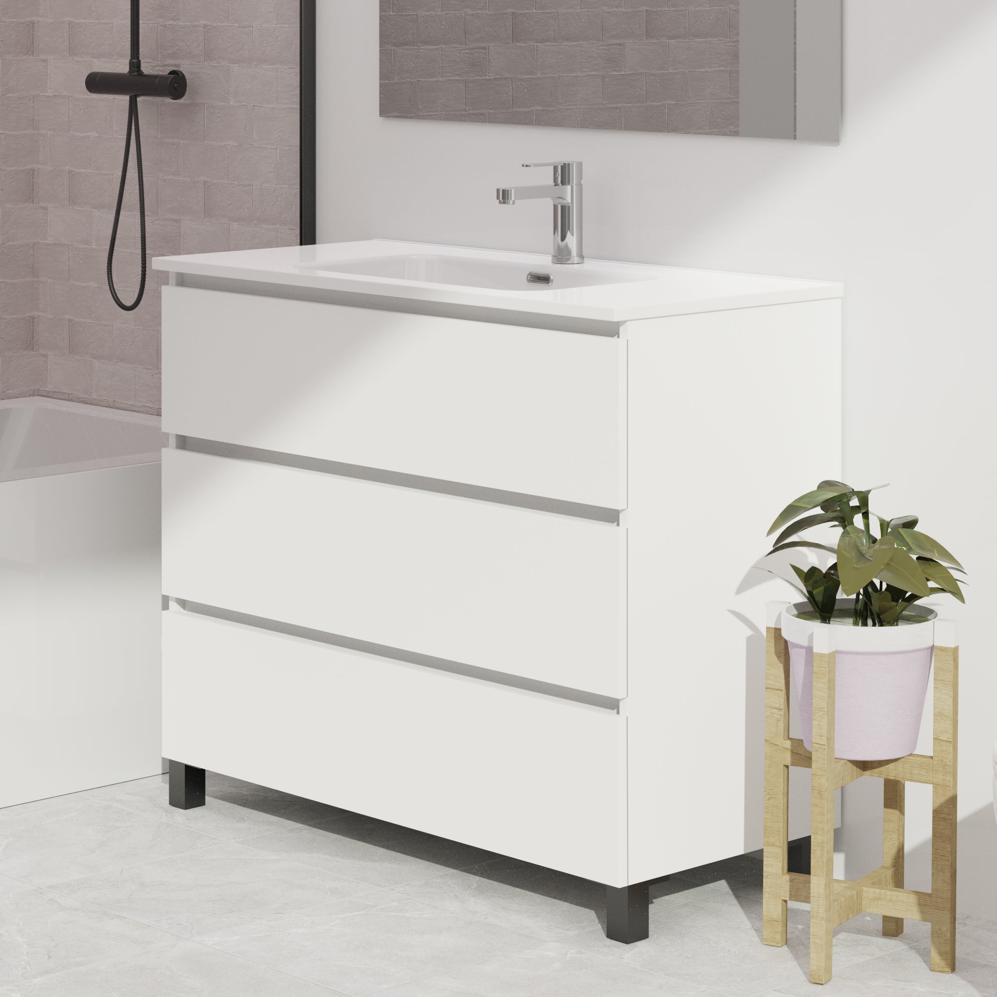 ENSEMBLE DE SALLE DE BAIN WINK | 100 CM BLANC | TROIS TIROIRS | LAVABO ENCASTRÉ | N'INCLUT PAS LE MIROIR | MEUBLE ASSEMBLÉ | ALDAY - 2