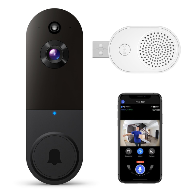 Campainha de vídeo inteligente câmara Wi Fi sem fios com visão nocturna deteção movimento armazenamento na nuvem áudio bidirecional campainha preto