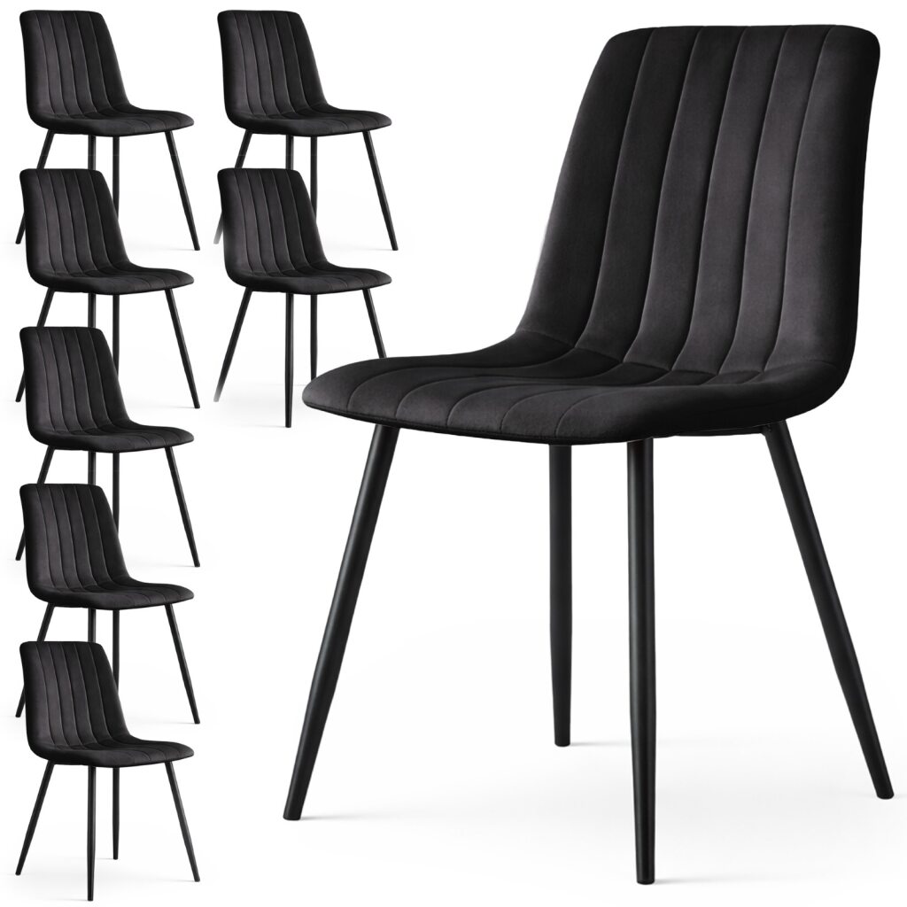 8x Welurowe krzesło tapicerowane pikowane Czarne LIVO Czarne nogi