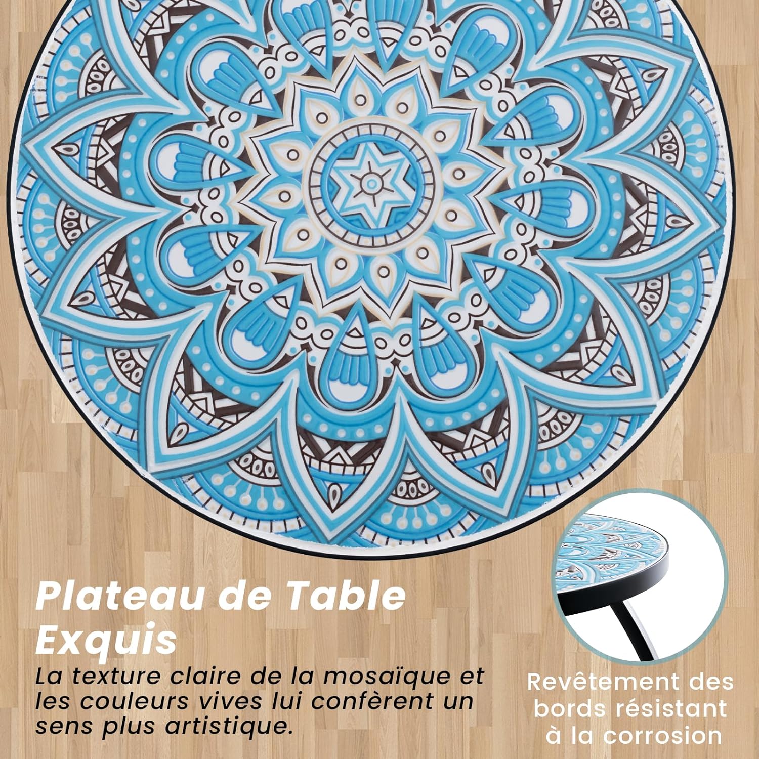 Table d’Appoint Exterieur Jardin en Mosaïque, Table Bistro Ronde en Carreaux , Table Basse (Bleu) - 5