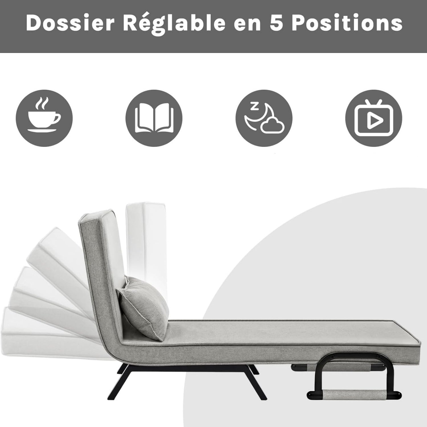 Fauteuil Lit 1 Place Convertible WOLTU, Canapé Lit Convertible 3 en 1, avec Dossier Réglable en 5 Positions, Gris Clair - 5