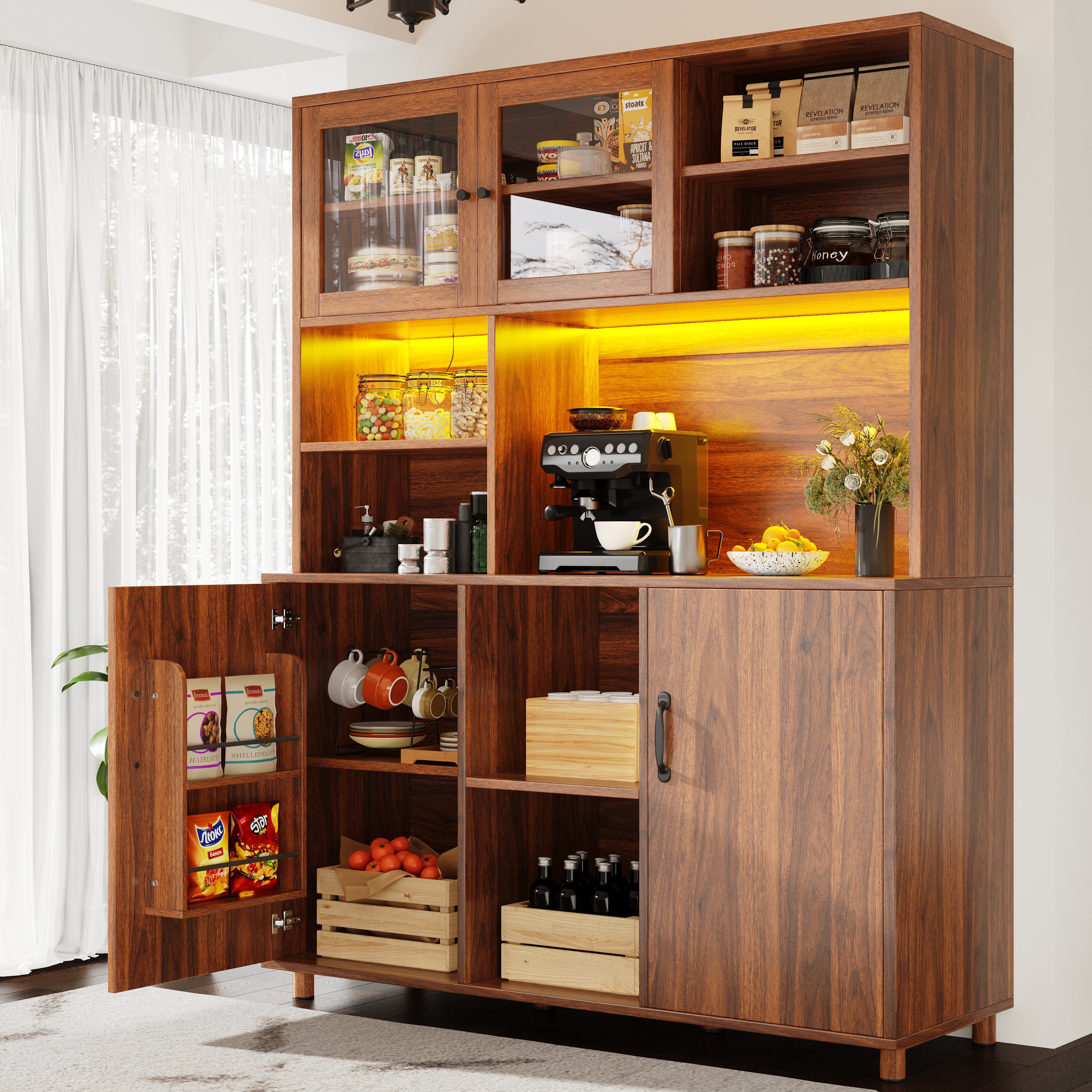 Meuble de cuisine 140×40×185 cm armoire haute avec 4 portes, LED, compartiments ouverts, en MDF, couleur marron - 5