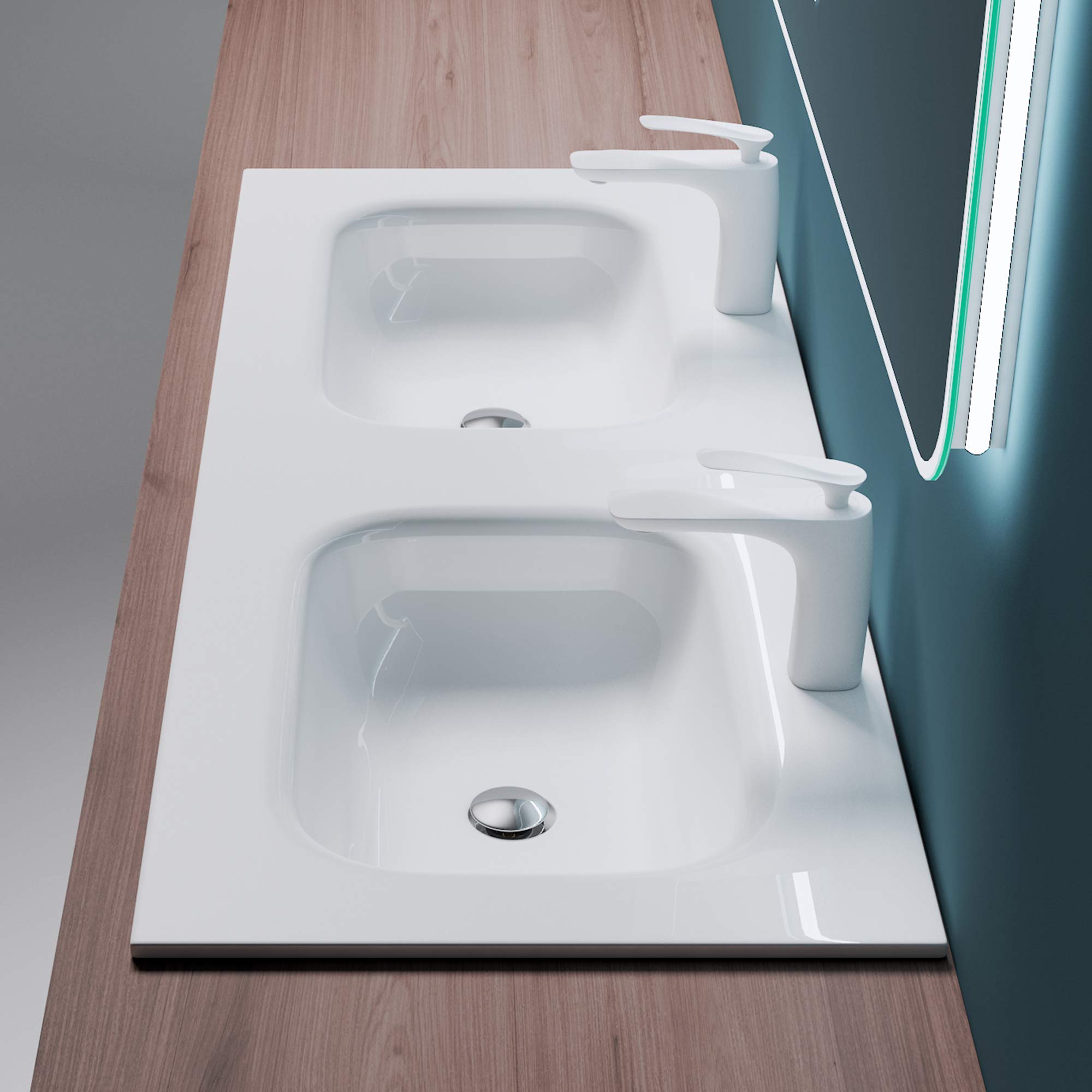 Mai & Mai lave mains blanc 120cm lavabo pour 2 à encastrer en résine double vasque rectangulaire sans trop-plein Col04 120x48x14cm - 5