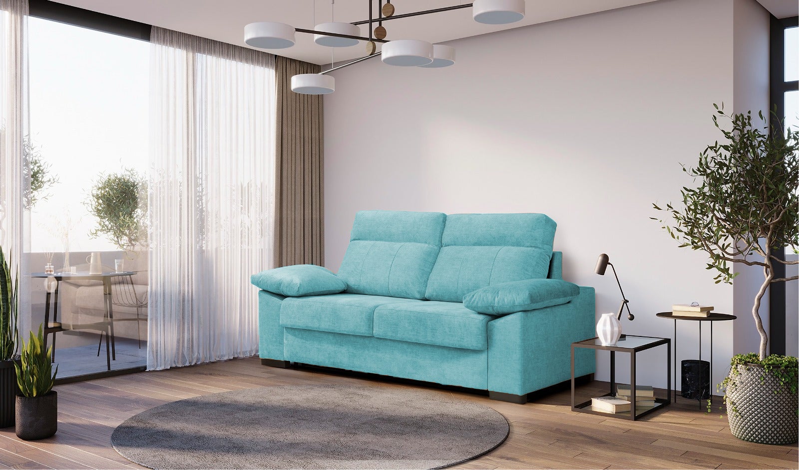 Sofa cama 3 plazas con colchón 140x190 | sistema apertura italiana | color tapizado azul claro