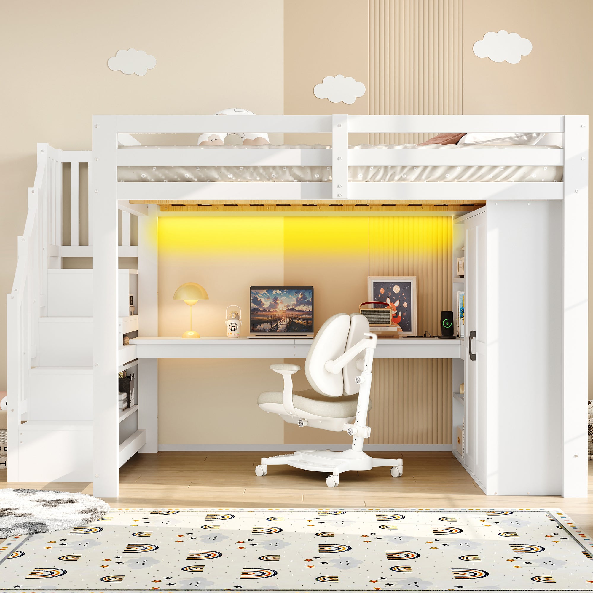 Łóżko na antresoli 140x200 cm - z oświetleniem LED - z biurkiem i szafą - drabina z pojemnikami - port USB - biały​ (materac nie jest wliczony w cenę)
