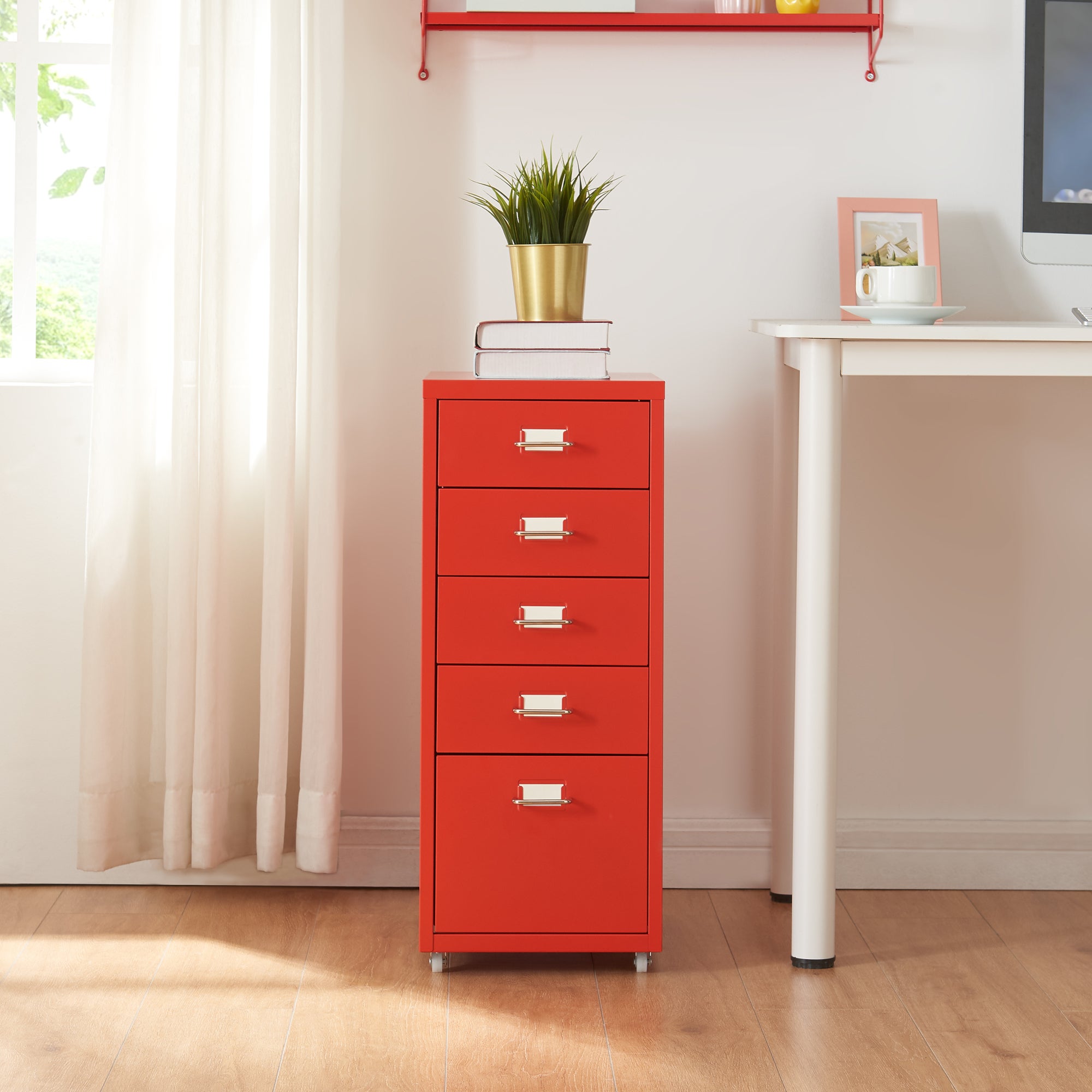 Caisson de bureau Kökar à roulettes avec 5 tiroirs 69 x 28 x 41 cm rouge [en.casa] - 2
