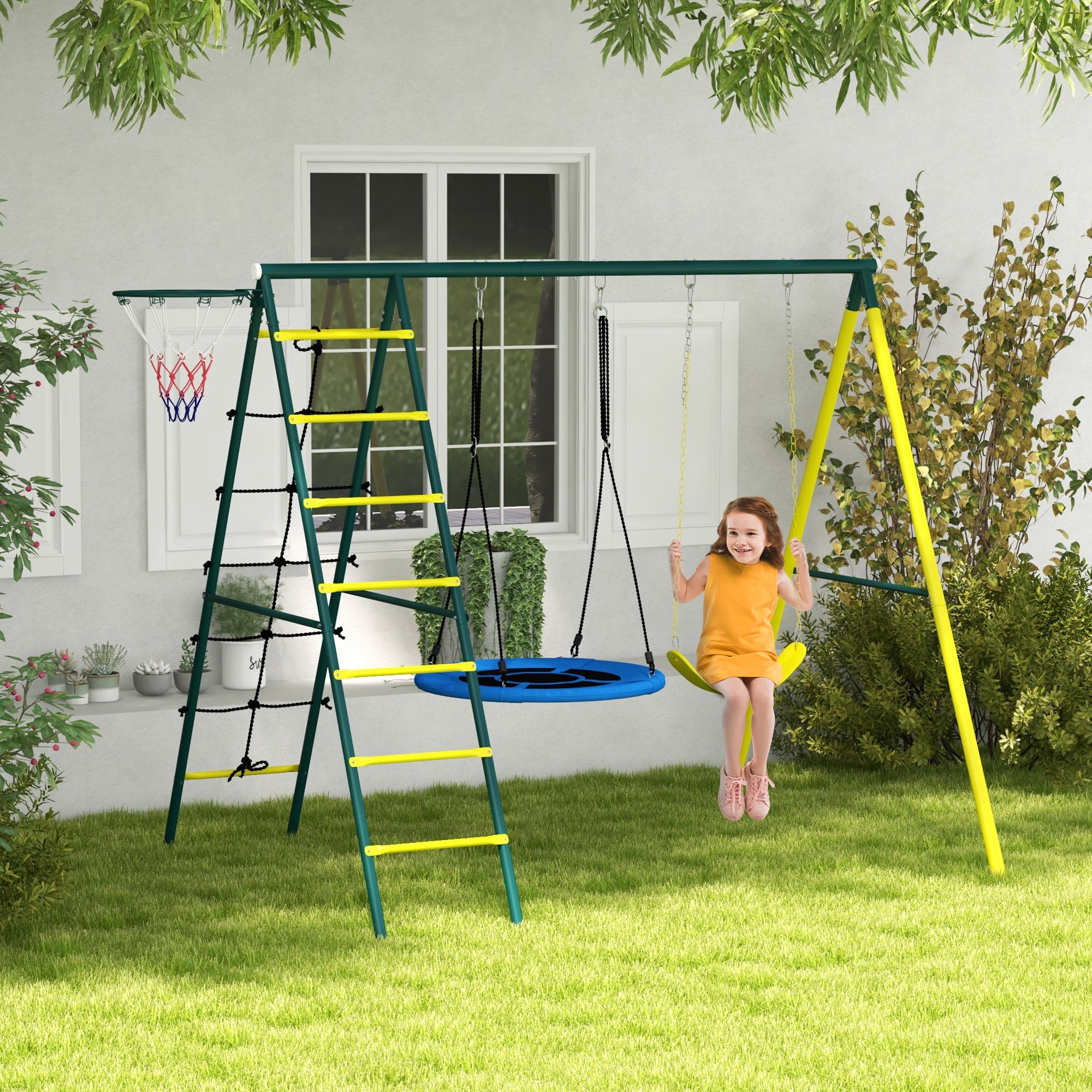 Balançoire 4 en 1 pour enfants avec filet d'escalade et panier de ...