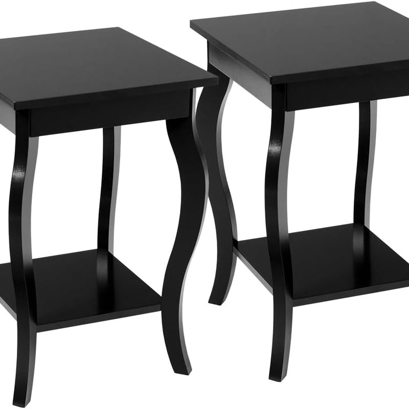 Stolik nocny z półką, 2 poziomy, stolik pomocniczy z drewna z łukowatymi nogami, stolik przemysłowy, do salonu, sypialni, 40 x 40 x 60 cm (2, czarny)