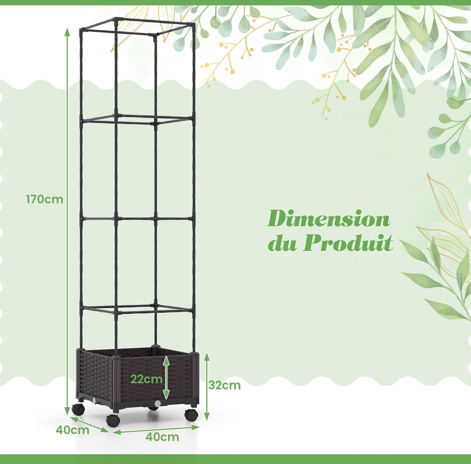 Jardinière avec Treillis Jardin pour Plantes Grimpantes, Obélique avec Carré Potager Pot,Cage à Tomates à roulettes 170/130/90/50CM 40 x 40 x 32CM - 3