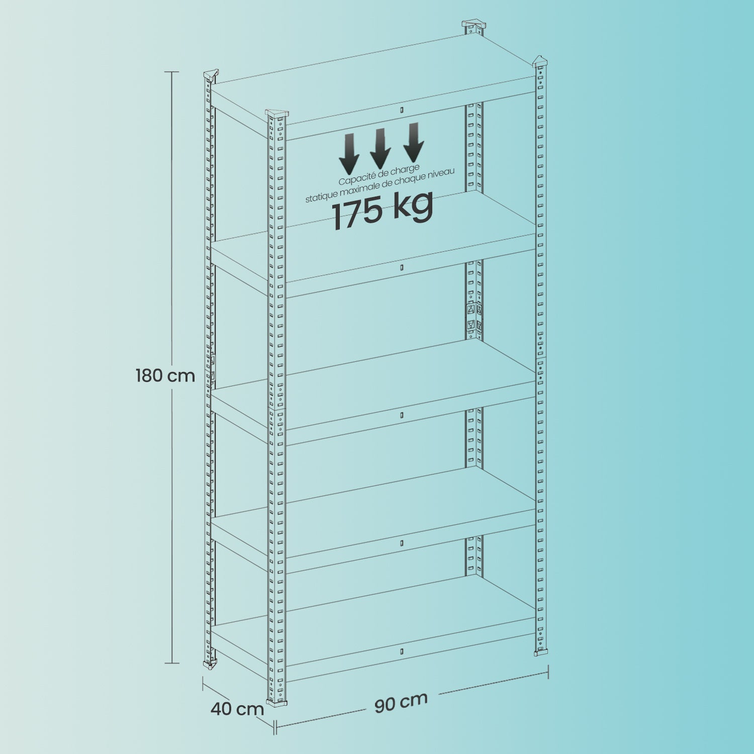 Étagère de Rangement à 5 Niveaux, Lot de 2, en Métal, Montage sans Vis, Réglable, Charge 875 kg, 40 x 90 x 180 cm, Argent - 4
