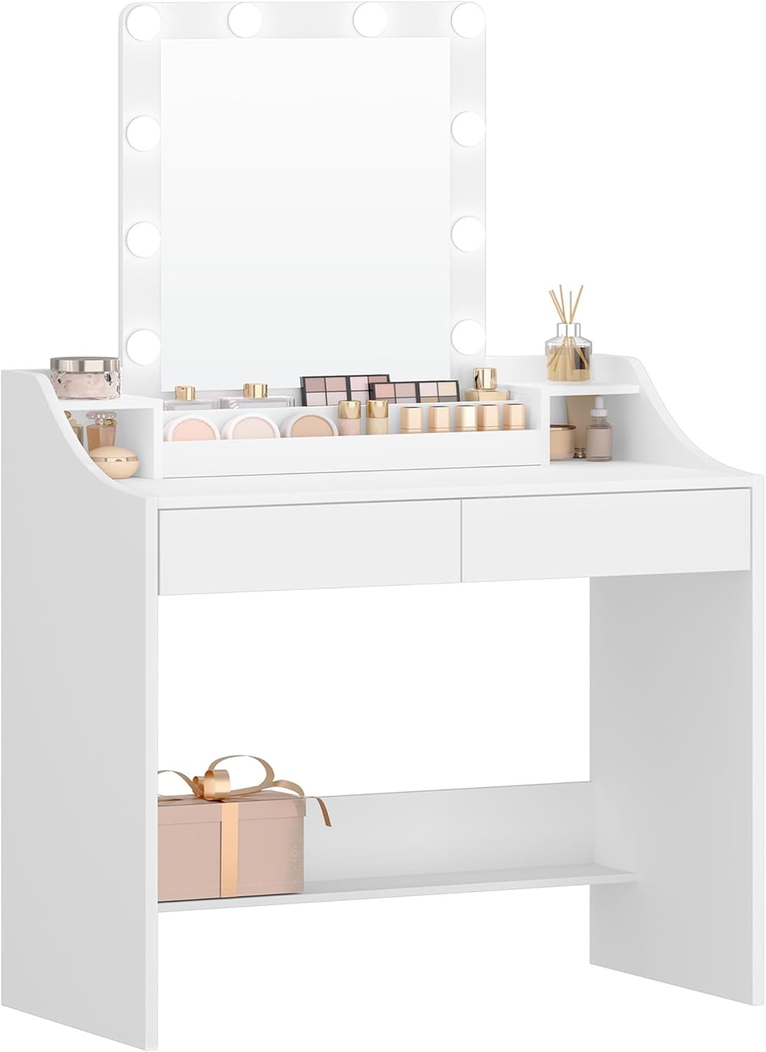 Coiffeuse avec Eclairage LED, 80cm, Luminosité Réglable, Coiffeuse avec Miroir, avec 2 Tiroirs et 2 Compartiments Ouverts, Moderne, Blanc - 7