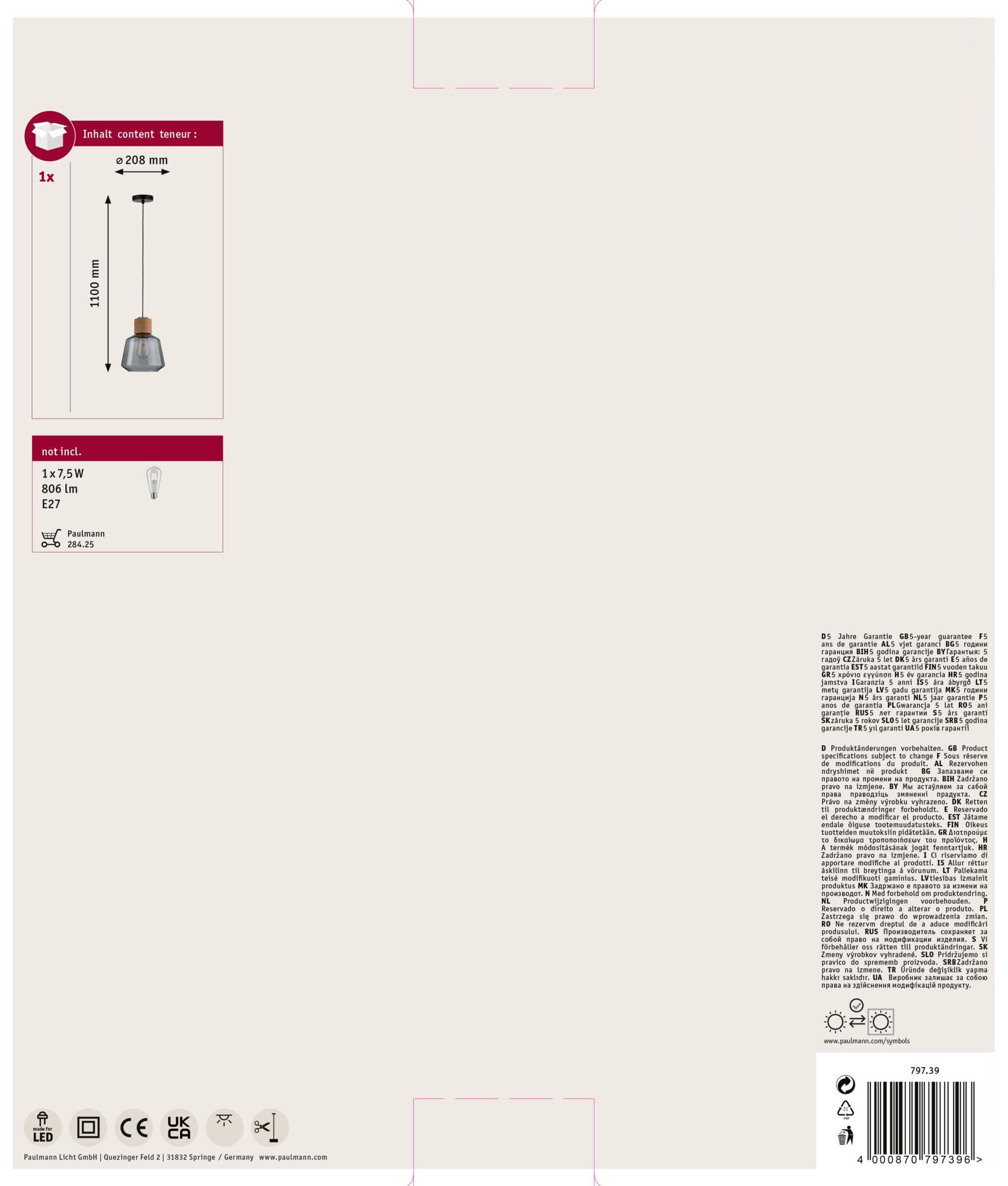 Neordic Luminaire en suspension Elia E27 max. 20W Verre fumé, Liège, Noir gradable Verre, Liège, Métal - 10