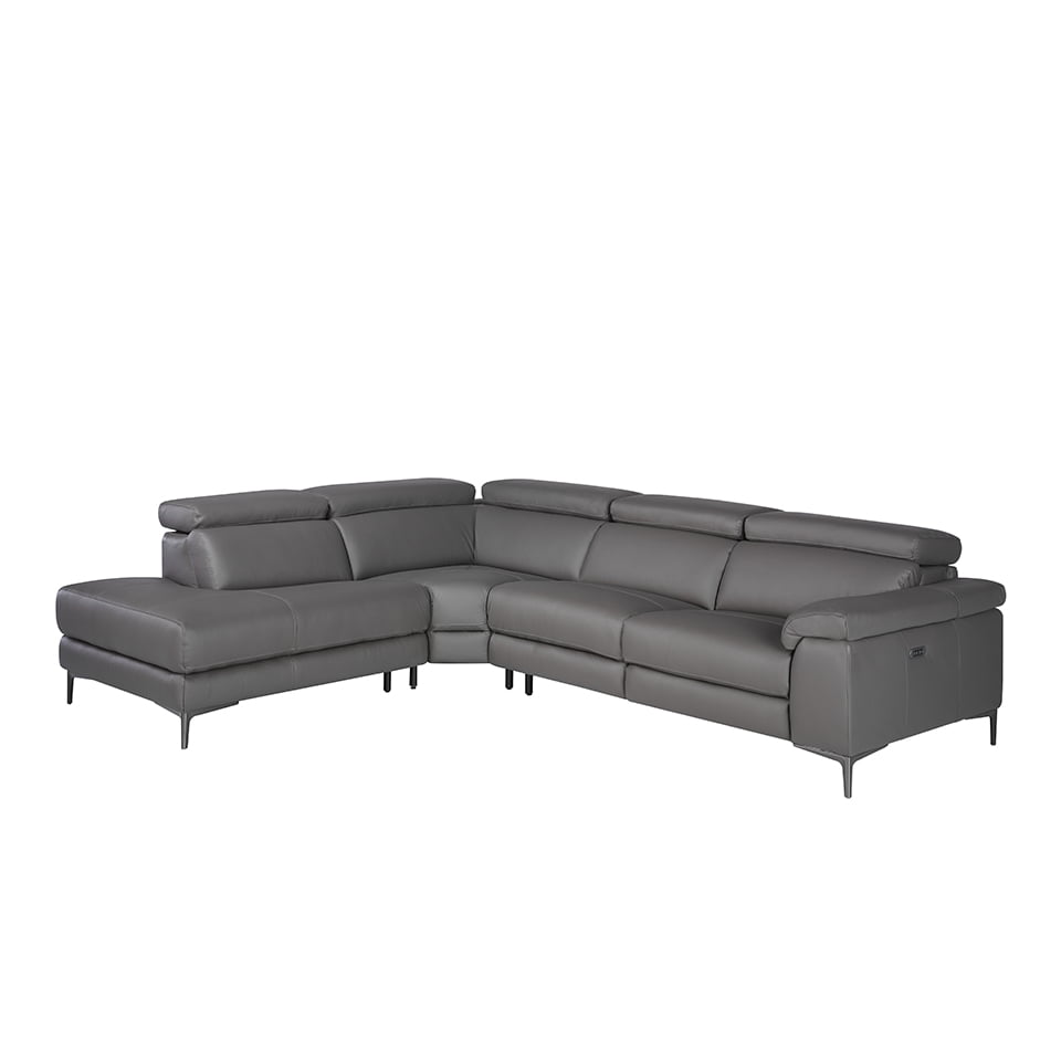 Sofá rinconera tapizado en piel cuero gris 295 x 232 x 97 cm.