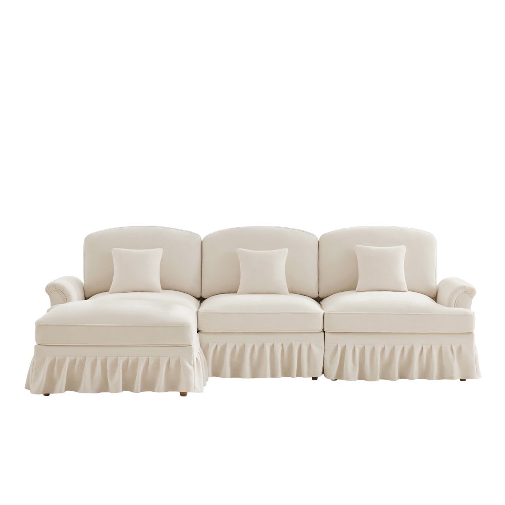 Divano modulare 3 posti a forma di L in chenille con braccioli a tromba, gonna arricciata removibile, gambe sottili e pouf mobile - 9