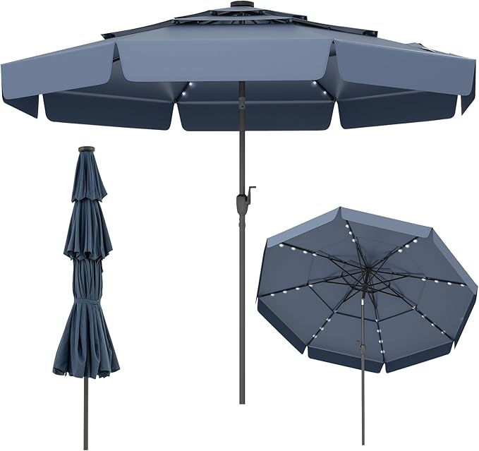 Parasol Ogrodowy Zewnętrzny 3, Parasol Balkonowy z Regulacją Nachylenia, Korba, 32 Diody LED, 3-warstwowa Czasza, 8 Żeber, bez Podstawy, Niebieski