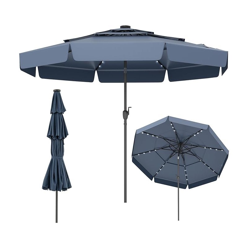 Parasol Ogrodowy Zewnętrzny 3, Parasol Balkonowy z Regulacją Nachylenia, Korba, 32 Diody LED, 3-warstwowa Czasza, 8 Żeber, bez Podstawy, Niebieski