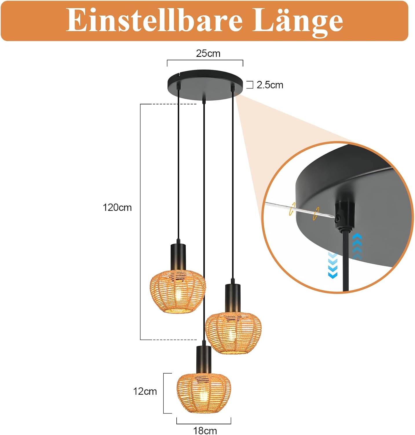 Lampa wisząca Nettlife Boho Rattan z 3 żarówkami – żyrandol z plecionej liny konopnej w stylu vintage, E27 (żarówki nie są dołączone) - 4