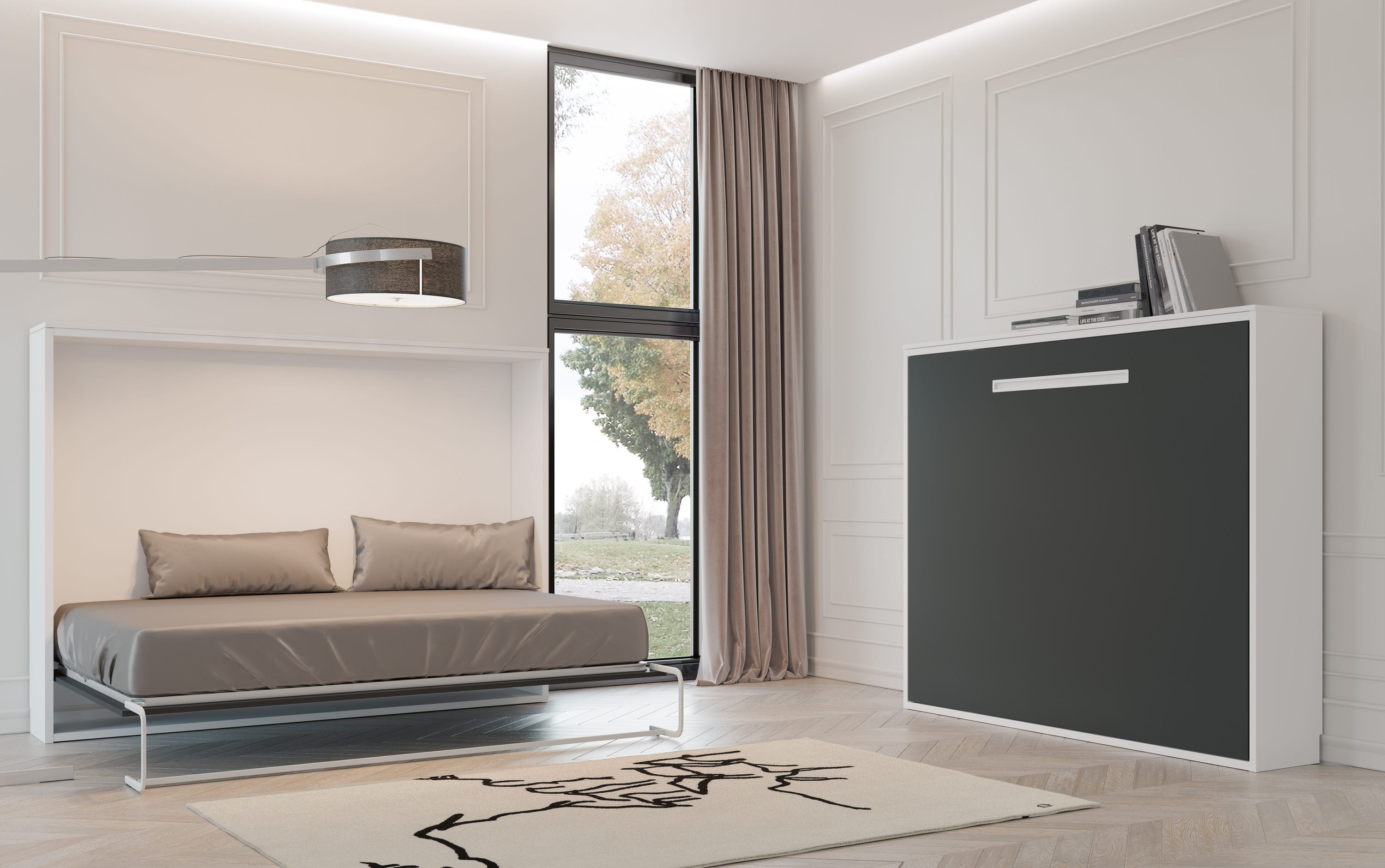 Lit escamotable horizontal 90x180 - P 45cm - Avec étagères intérieures ...