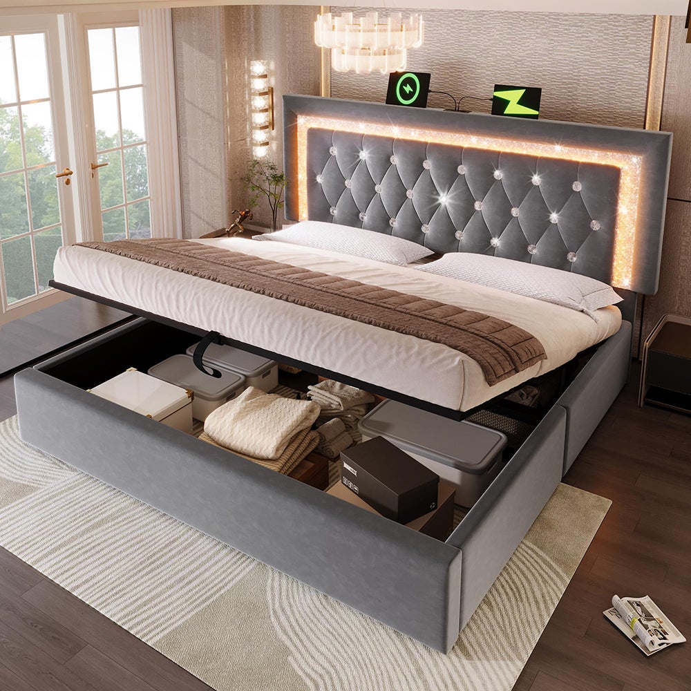 Cama tapizada, cabecero con tira LED en forma de diamante, estación de carga USB y Type-C, terciopelo, gris (sin colchón) - 140 x 200 cm - 2