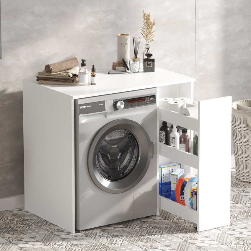 Mobiletto Per Lavatrice E Asciugatrice Con Cassetto - Legno Laminato Bianco, 70x146x64 Cm, Mensola Scorrevole, Salvaspazio