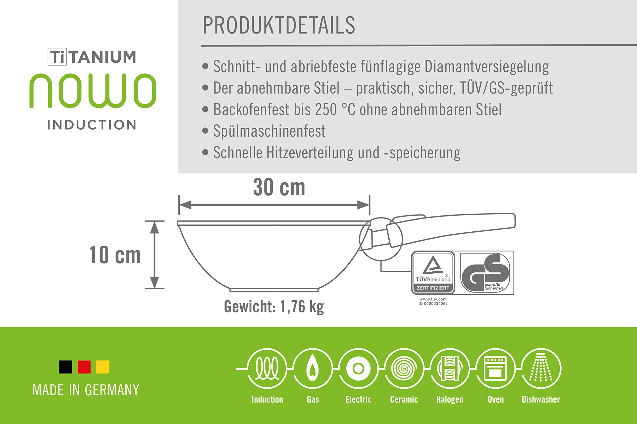 Woll Nowo Il 11030 - Padella Wok in Titanio, Diametro 30 cm, Altezza 10 cm, con Manico Rimovibile Adatto a Piani elettrici