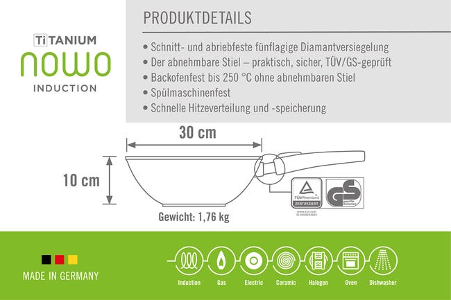 Woll Nowo Il 11030 - Padella Wok in Titanio, Diametro 30 cm, Altezza 10 cm, con Manico Rimovibile Adatto a Piani elettrici Woll Nowo Il 11030 - Padella Wok in Titanio, Diametro 30 cm, Altezza 10 cm, con Manico Rimovibile Adatto a Piani elettrici
