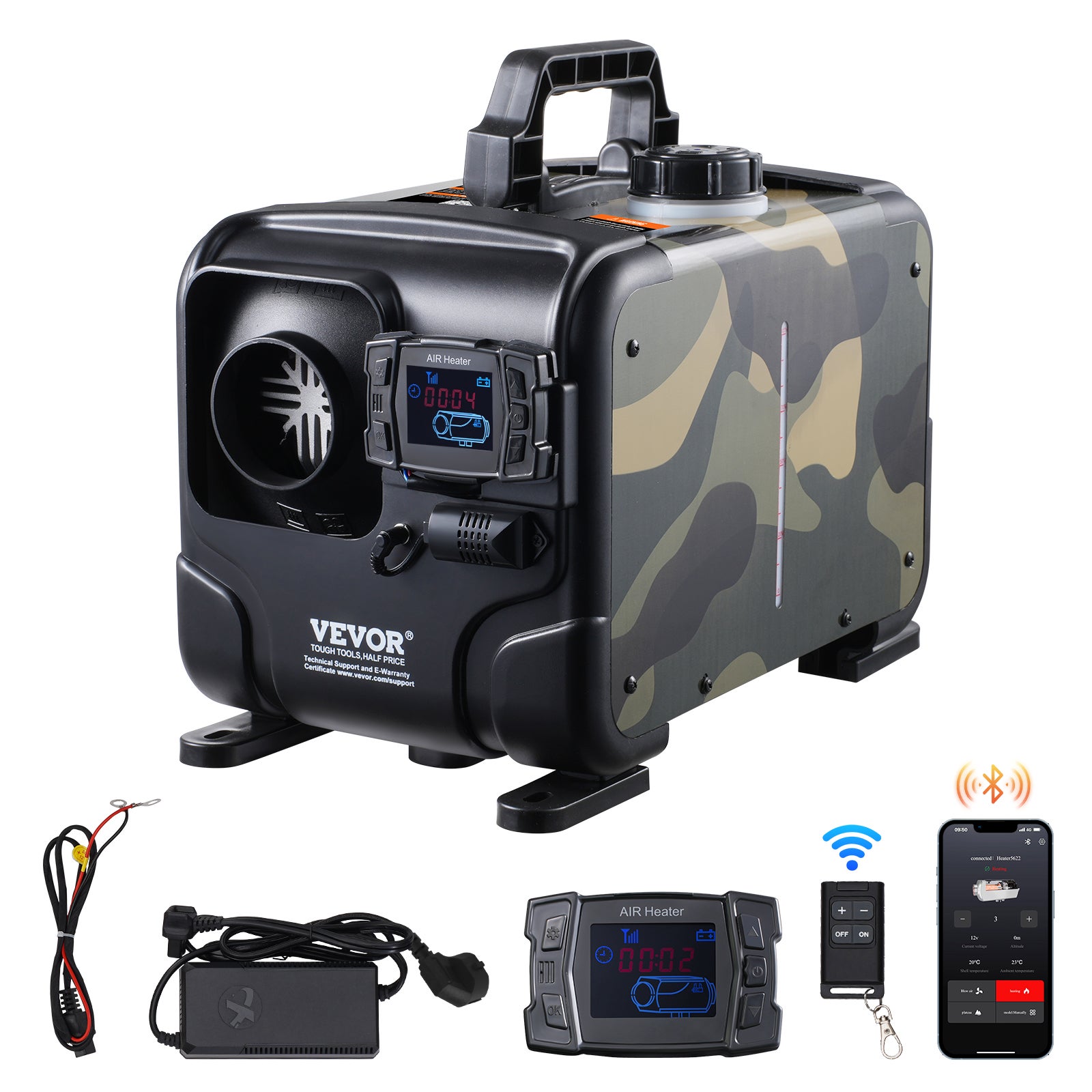 Nagrzewnica powietrza na olej napędowy Nagrzewnica na olej napędowy 8kW 12V/24V Sterowanie aplikacją Bluetooth VEVOR