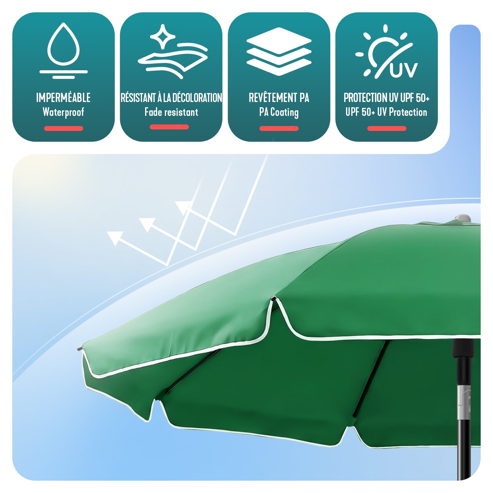 Parasol de jardin inclinable 2M avec ancrage au sol - Parasol de plage UV 50+ Vert - VOUNOT® - 4
