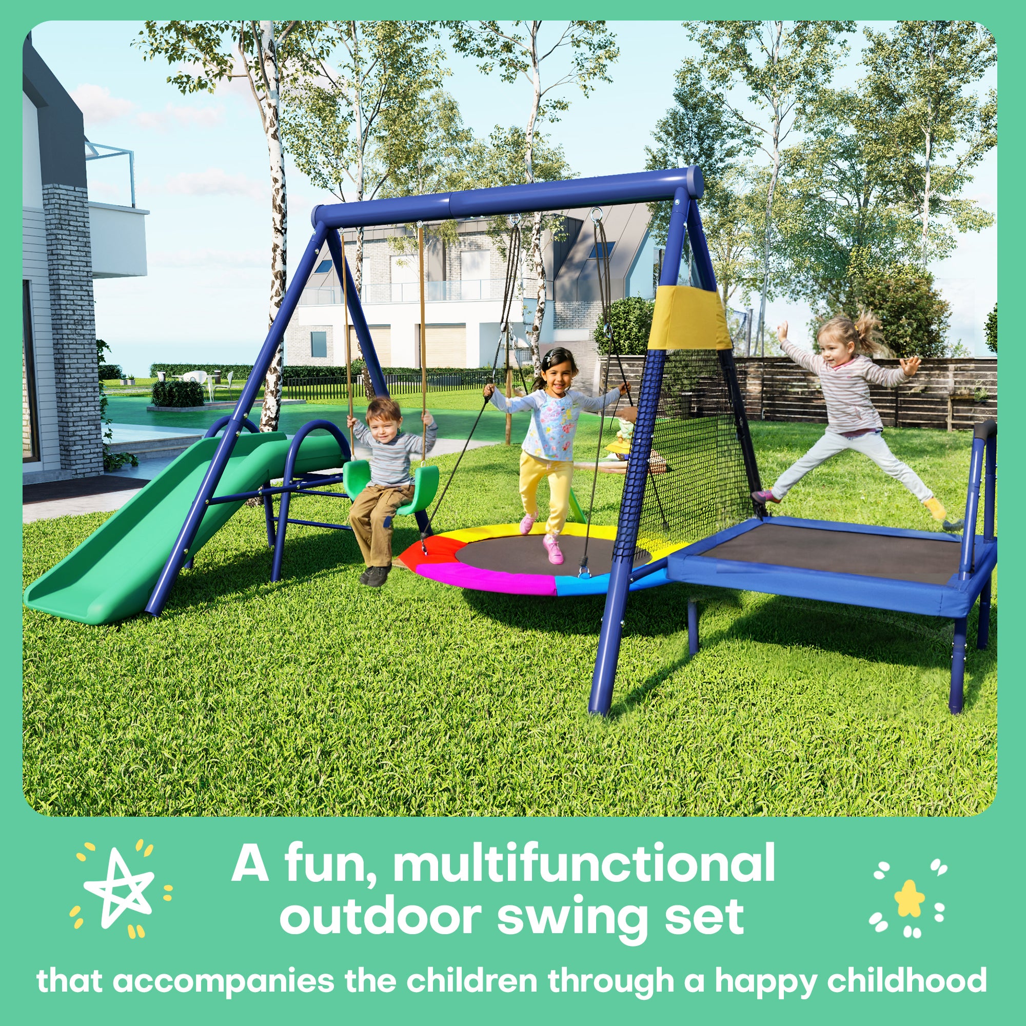 Aire de jeux portique en acier avec oboggan, trampoline, nid d'oiseau - 335 x 198 x 183 cm - Bleu antique - 7