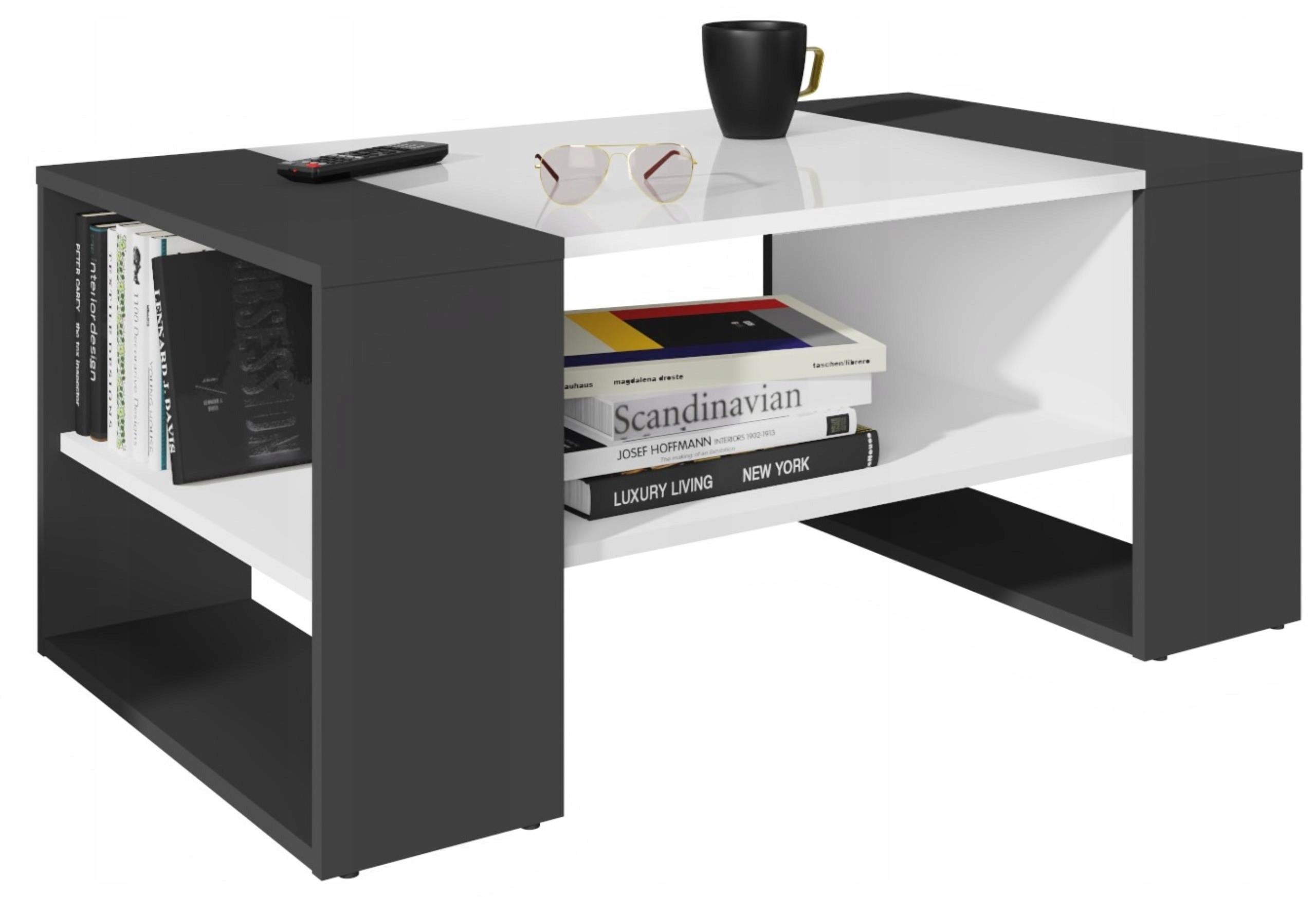 Ława MENO biały-czarny z pojemną półką stolik kawowy 100cm loft retro