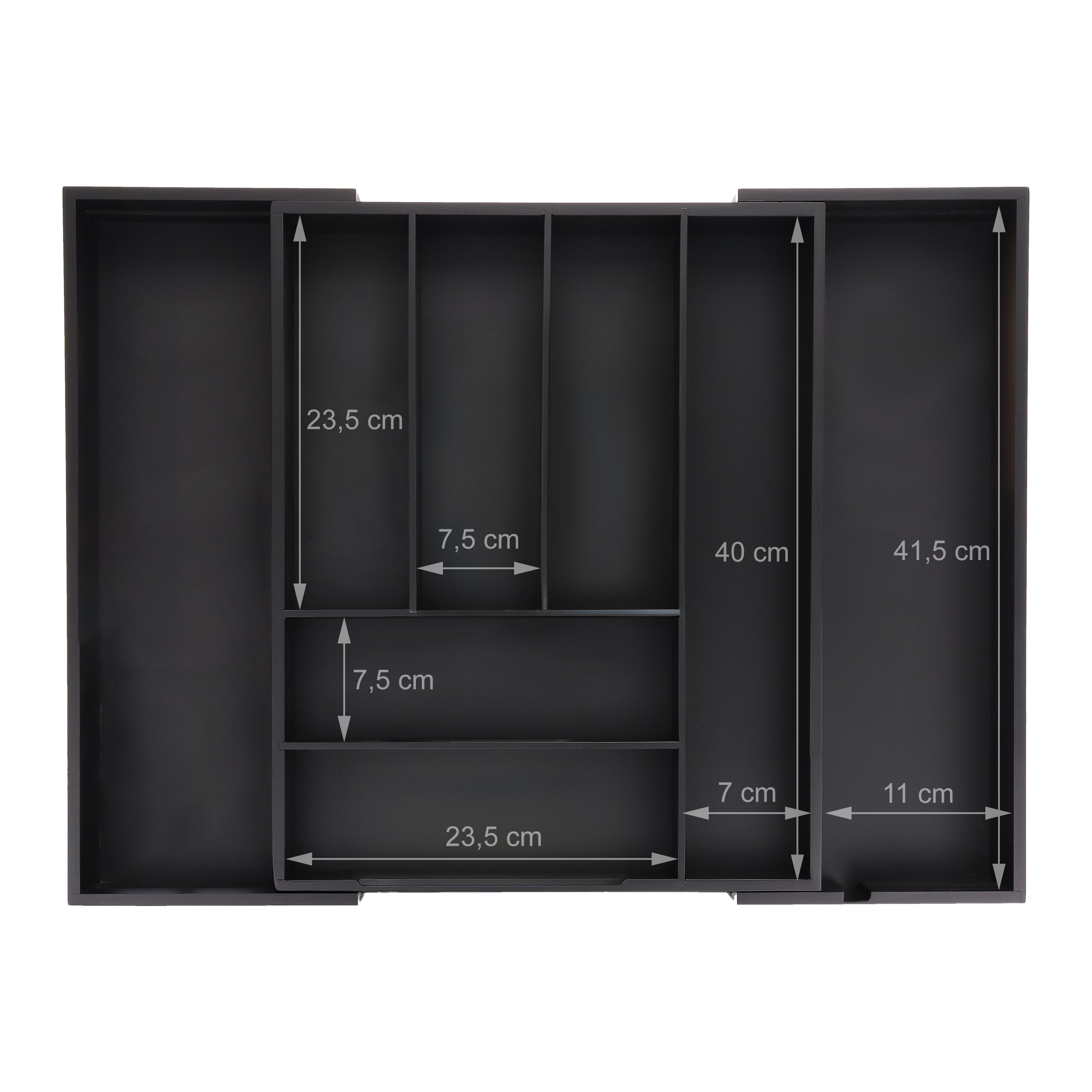 Organizador de talheres ajustável, bambu, HBT 6,5 x 35-58 x 43,5 cm, 6-8 compartimentos, para gaveta, preto, Relaxdays - 6
