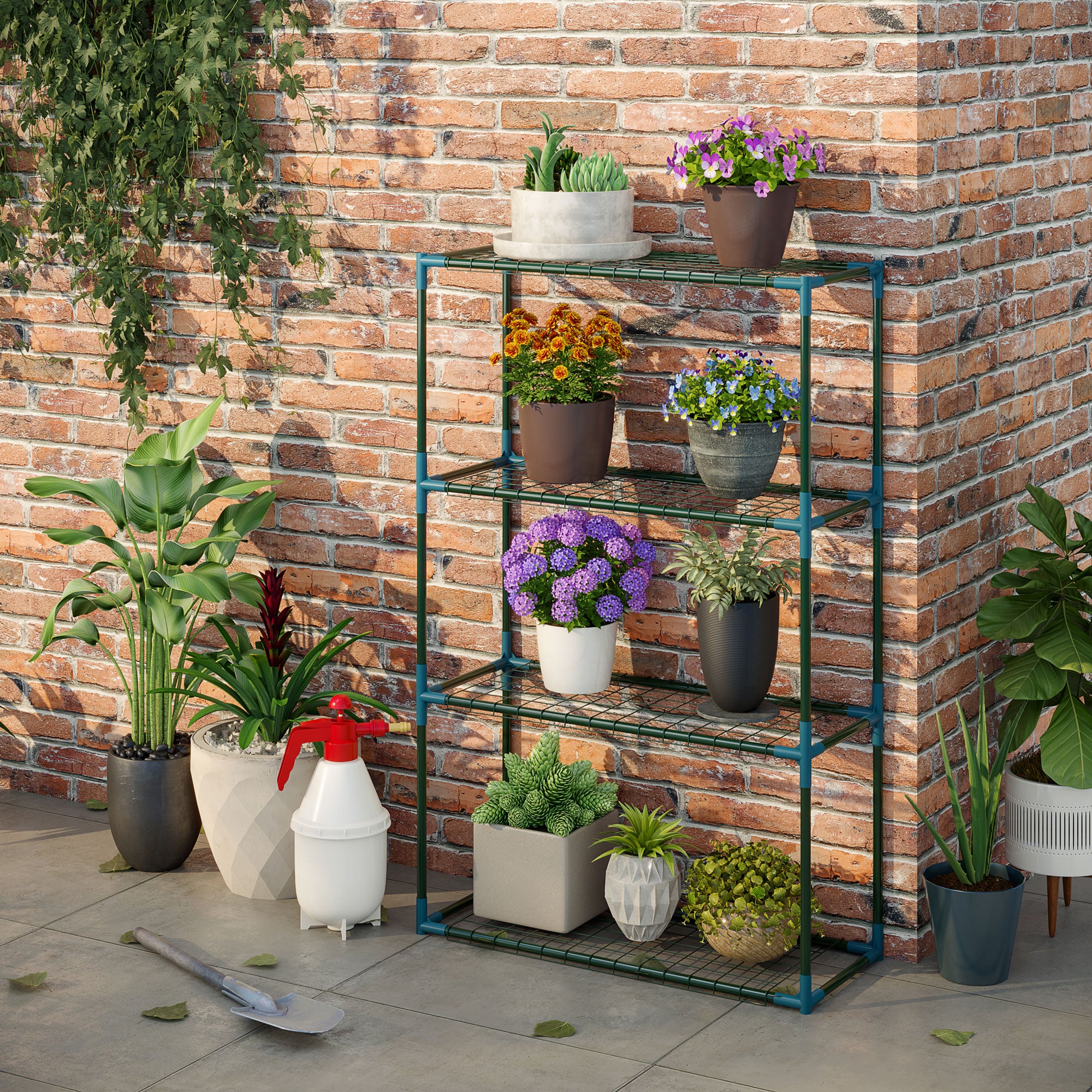 Lot de 2 Étagères à Fleurs en acier 4 Niveaux Intérieur et Extérieur. support de plantes 70 x 27 x 110 cm. vert - 9