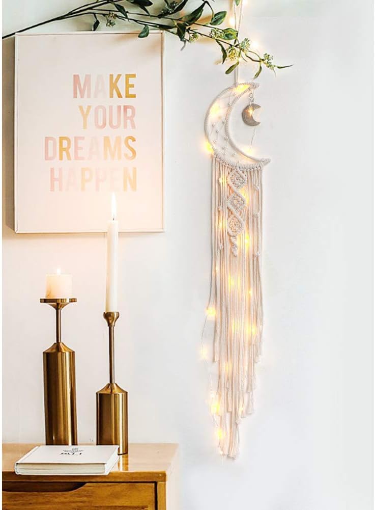 Attrape-rêves Lune en macramé tissé - Décoration murale bohème chic pour la maison, la chambre d'un appartement ou d'une résidence étudiante (Lune) - 6