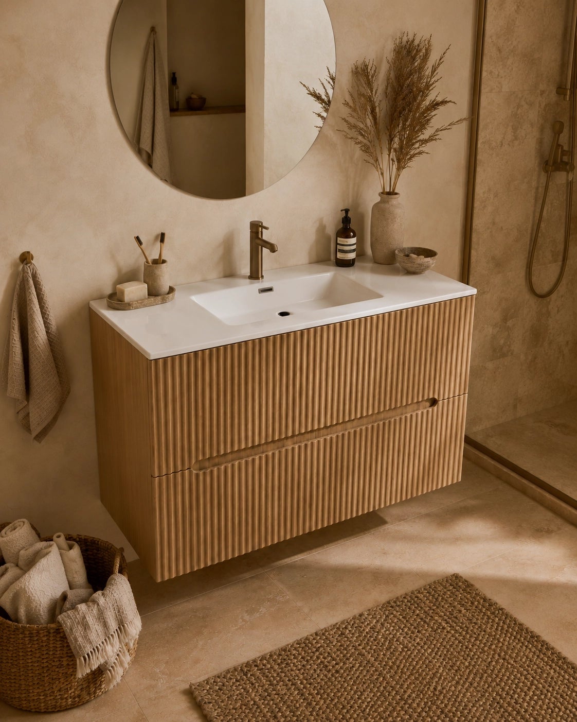 Mobile bagno quercia 80x46 cannettato Urbino 2.0 con lavabo in resina - 2