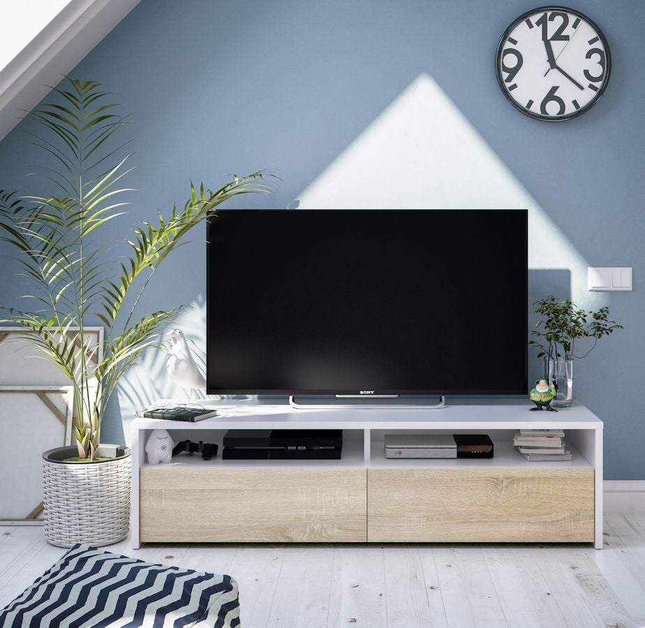 Meuble TV LOLA 2 portes battantes et 2 niches de rangement L130 cm - Blanc / Bois - 2