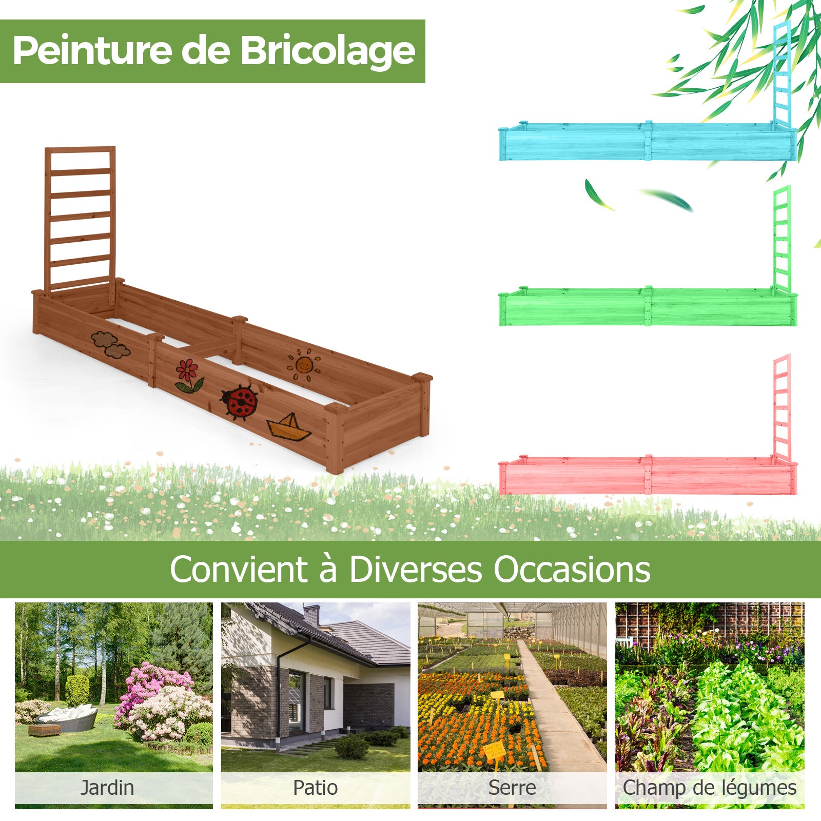 Jardinière avec Treillis en Bois avec Base Ouverte, 2 Bacs à Fleurs Extérieur pour Plante Grimpante, Lit de Jardin Surélevée, Marron - 7