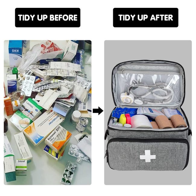 Kit de primeiros socorros com bolsa para transporte e armazenamento, organizador de comprimidos – Casa, Viagem, Atividades ao Ar Livre (Cinza) - 4