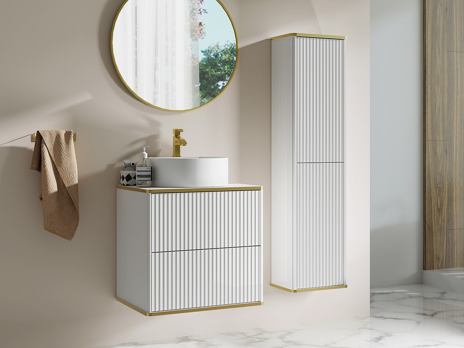 Podwieszana szafka łazienkowa prążkowana z okrągłą umywalką nablatową i słupkiem - Biały - 60 cm - KELIZA