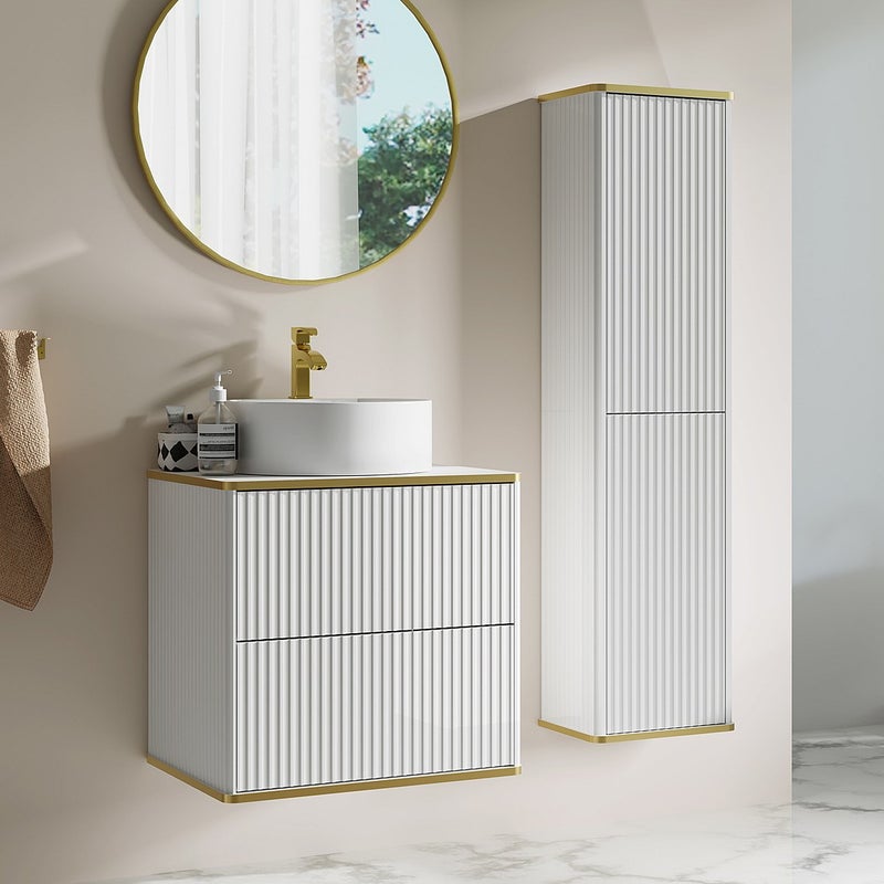 Podwieszana szafka łazienkowa prążkowana z okrągłą umywalką nablatową i słupkiem - Biały - 60 cm - KELIZA