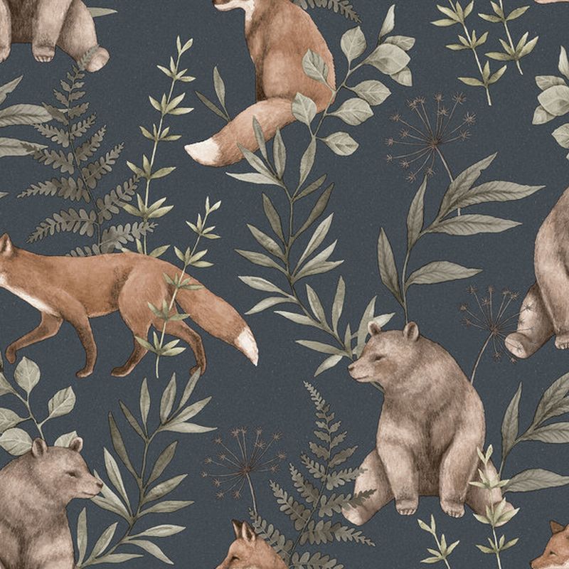 Papel pintado bosque con animales del bosque azul oscuro y marrón - 53 cm x 10.05 m - borastapeter