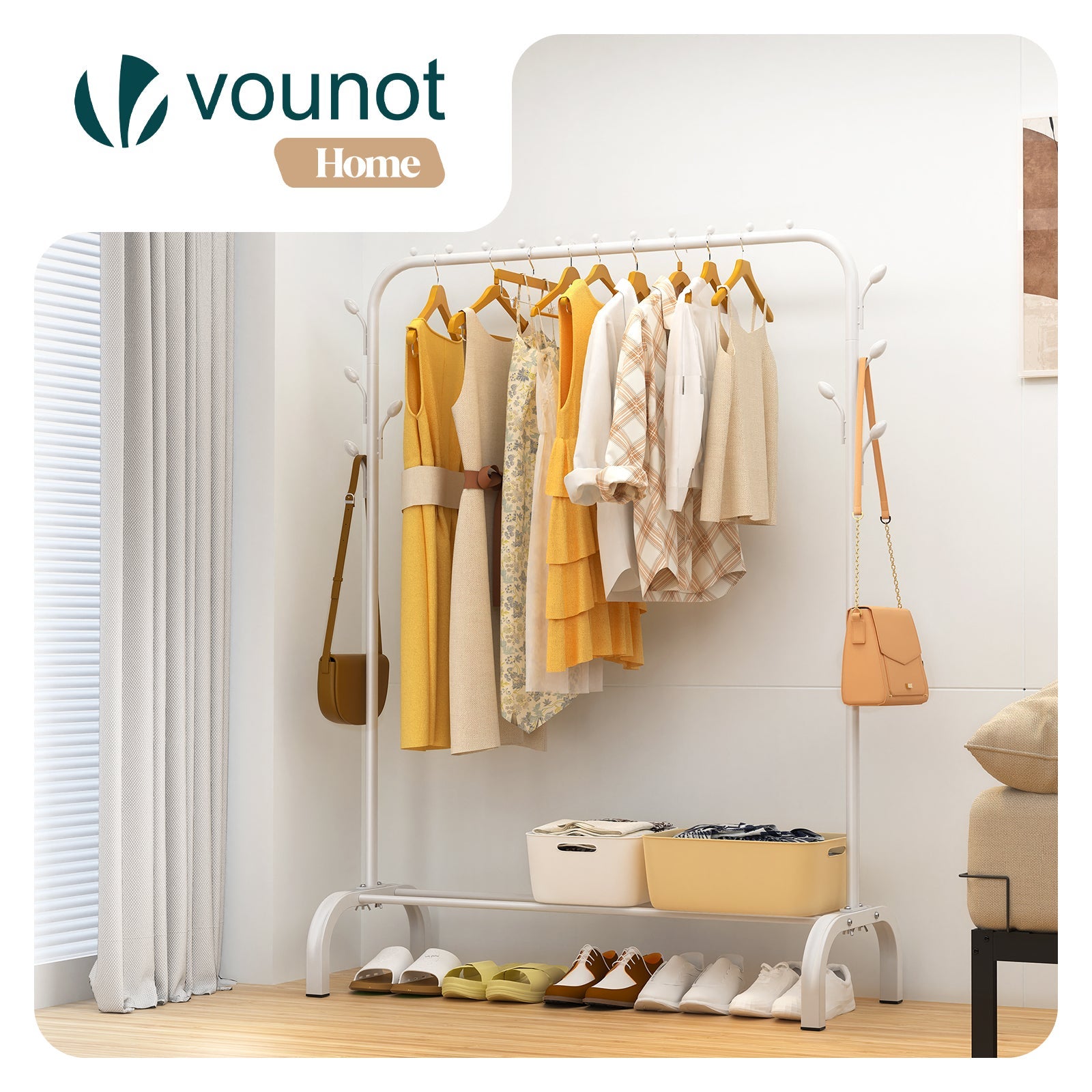Portant à vêtements avec étagères à chaussures et 8 crochets latéraux - Métal - 110x41x147cm - Blanc - VOUNOT® - 2