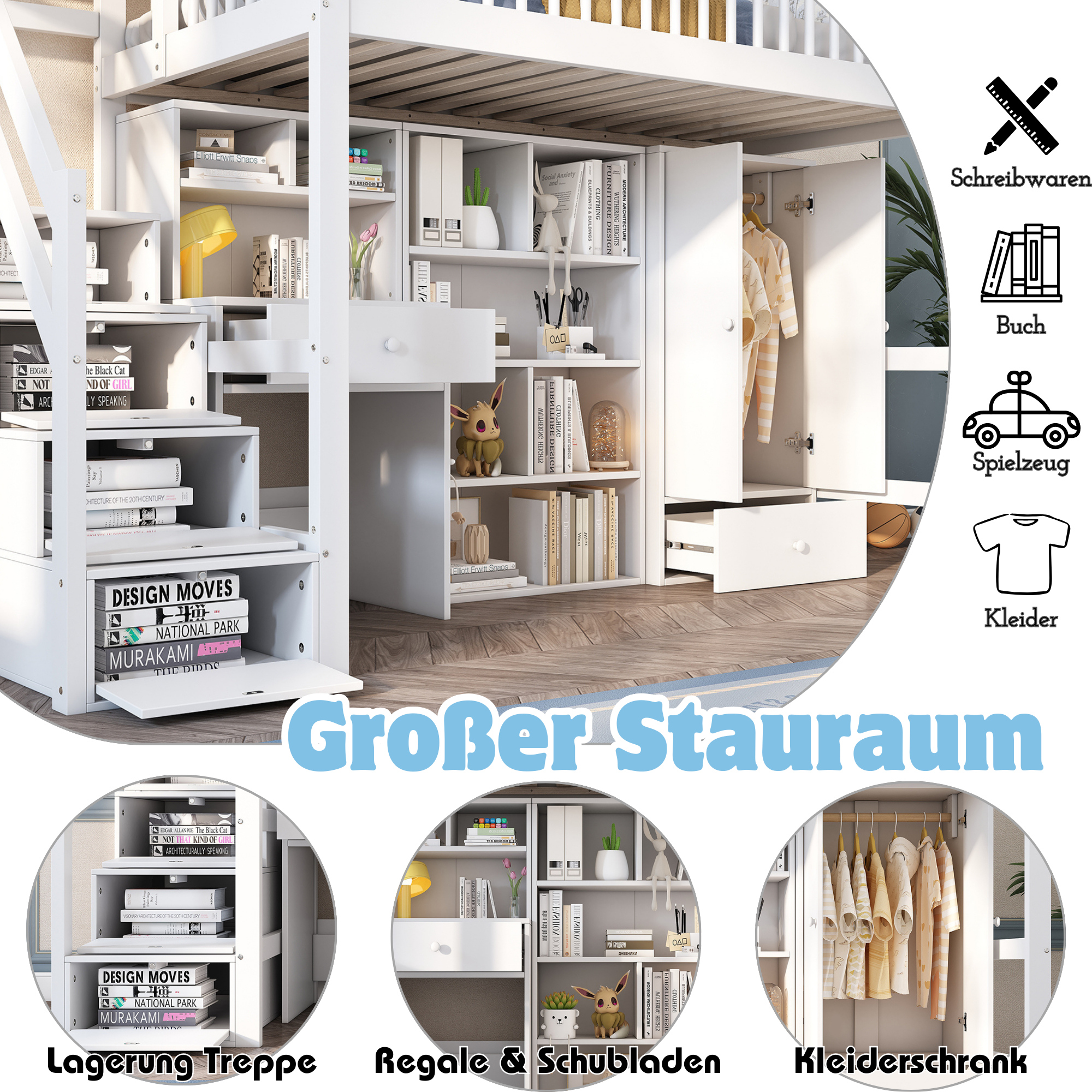 Letto per bambini 90 x 200, letto singolo, con scrivania, scale, armadietti e guardaroba, senza materasso, legno massello e MDF, bianco - 5