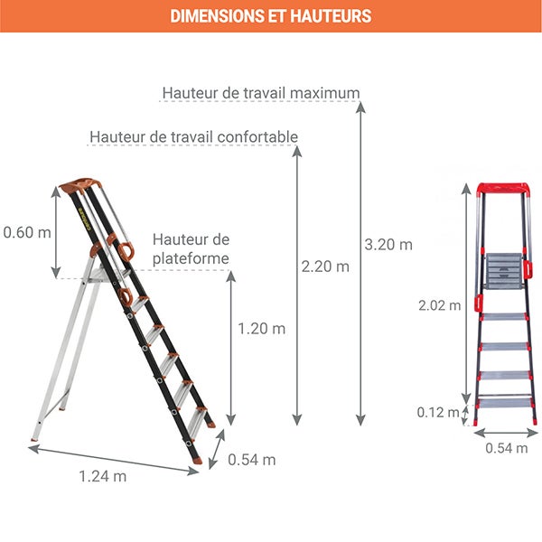 Escabeau alu 6 marches - Hauteur de travail max. 3.20m - 239206 - 2