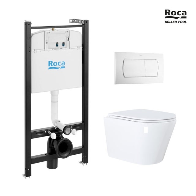 ESTRUTURA ROCA ACTIVE COM CISTERNA EMBUTIDA, BOTÃO BRANCO BRILHANTE, SANITA SUSPENSA ORION 51,5 CM DA KOLLER POOL